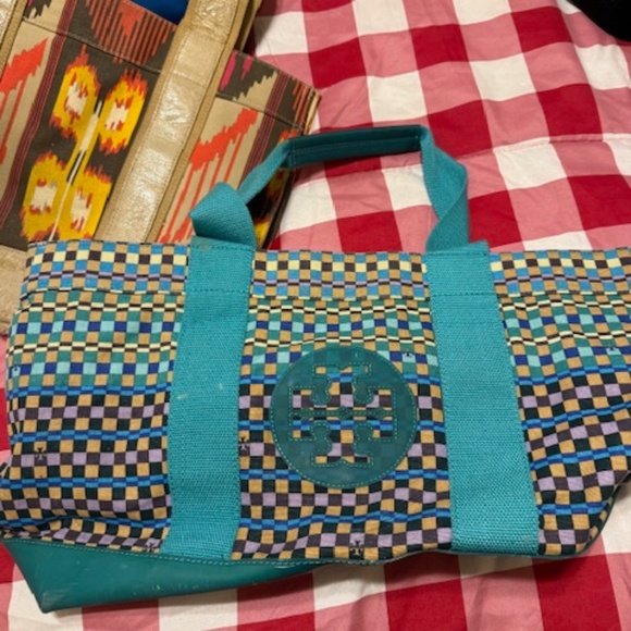 Tory Burch Handbags - Tory Burch Multicolor Check Canvas Tote with Teal Trim